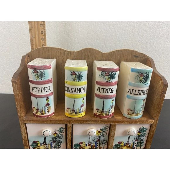 Wood and Ceramic Spice Rack 4 shakers with 3 drawers Japan Vintage City Scene - Picture 3 of 8